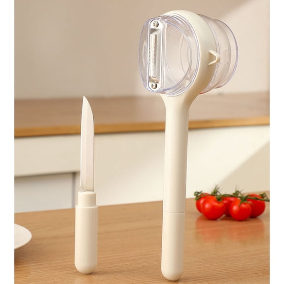 3-in-1 Fruit Peeler Multifunctional Kitchen Tool, Peel Store and Cut Fruits Easily, Built-in Hidden Knife, Extended Handle for Safety, Perfect for Home Use Cooking Prep white