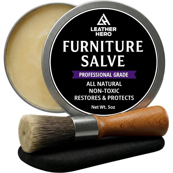 3-in-1 Furniture Salve for Leather & Wood Polisher, Conditioner, & Restorer for Couches and Furniture- Leather Repair Salve with Brush & Buffing Pad- 5oz