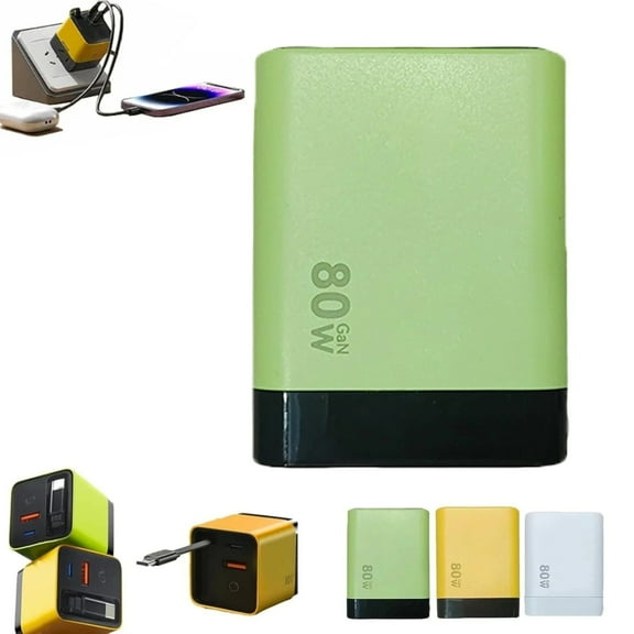 3-in-1 GaN Charger with Retractable Cable - Scalable 80W Max Output, Dual USB Ports - Universal Fast Charging for Phones, Laptops, Tablets (Green)