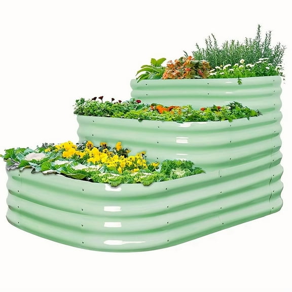 3-in-1 Galvanized Steel Raised Garden Bed Kit - 3-Tier Planter Box for Vegetables & Flowers - Modular Design for Backyard, Patio (Beige/Green)