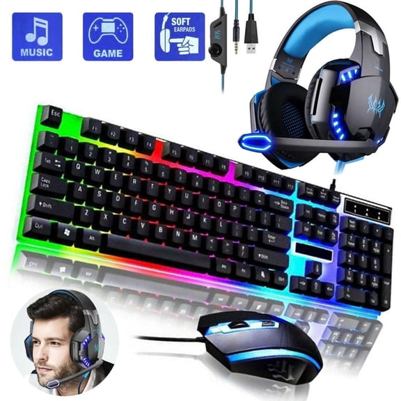 3 in 1 Gaming Keyboard Bundle and Mouse and Gaming Headset Combo RGB LED Rainbow Backlit Wired for PC Gaming Bundle