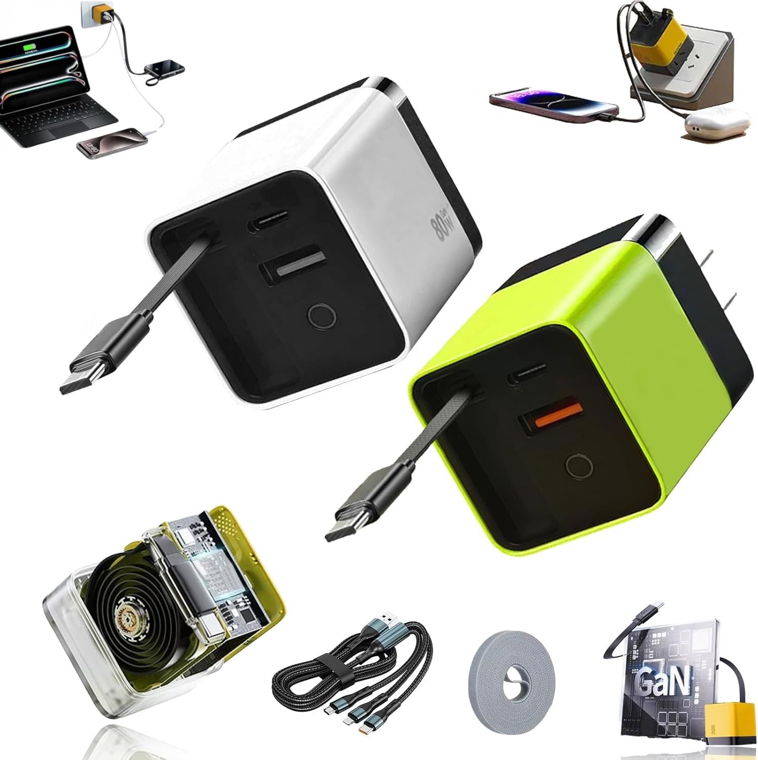 3 in 1 Gan Charger, Scalable 80w Max Fast Charger Module with Type-C Cable and 2 USB Ports, for Smartphones, Tablets and Laptops