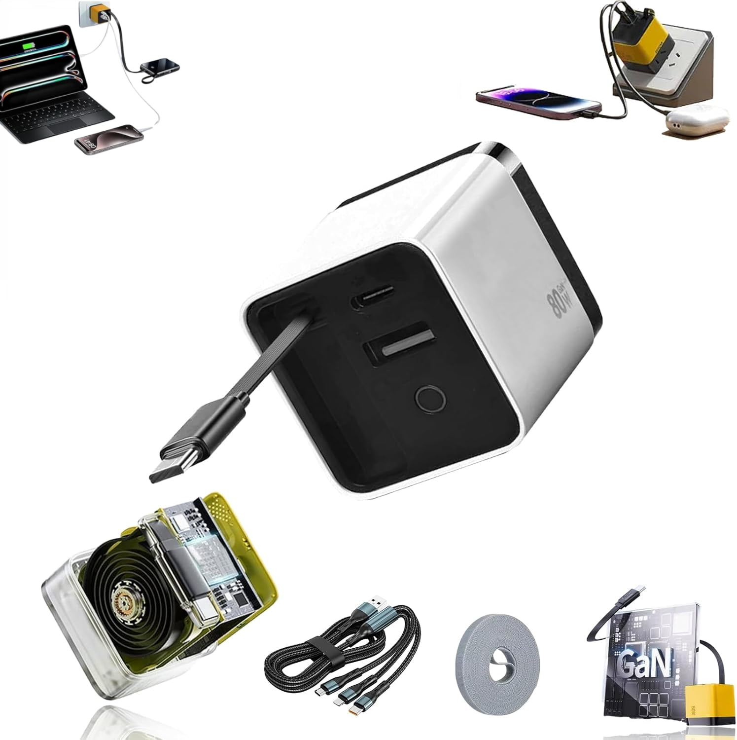 3 in 1 Gan Charger, Scalable 80w Max Fast Charger Module with Type-C Cable and 2 USB Ports, for Smartphones, Tablets and Laptops