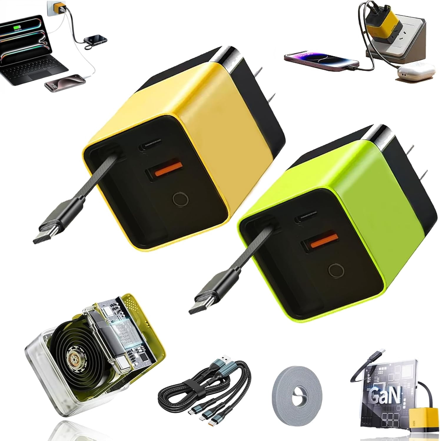 3 in 1 Gan Charger, Scalable 80w Max Fast Charger Module with Type-C Cable and 2 USB Ports, for Smartphones, Tablets and Laptops