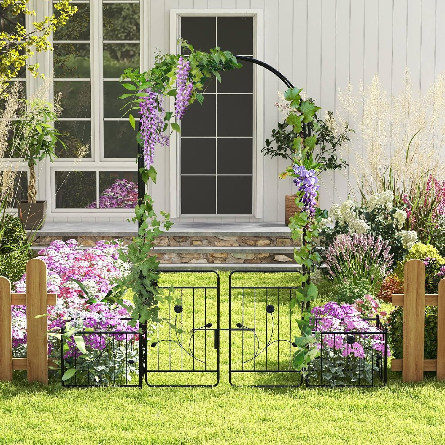 3-in-1 Garden Arch with Lockable Gate & 2 Side Planters, 86