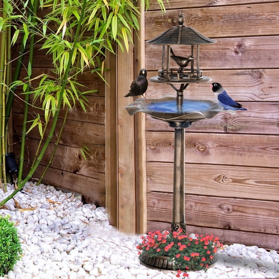 3-in-1 Garden Bird Bath Bowl Pedestal with Bird Feeder, Large Water Basin, & Underneath Flower Planter - Bronze Resin Outdoor Decor for Backyard