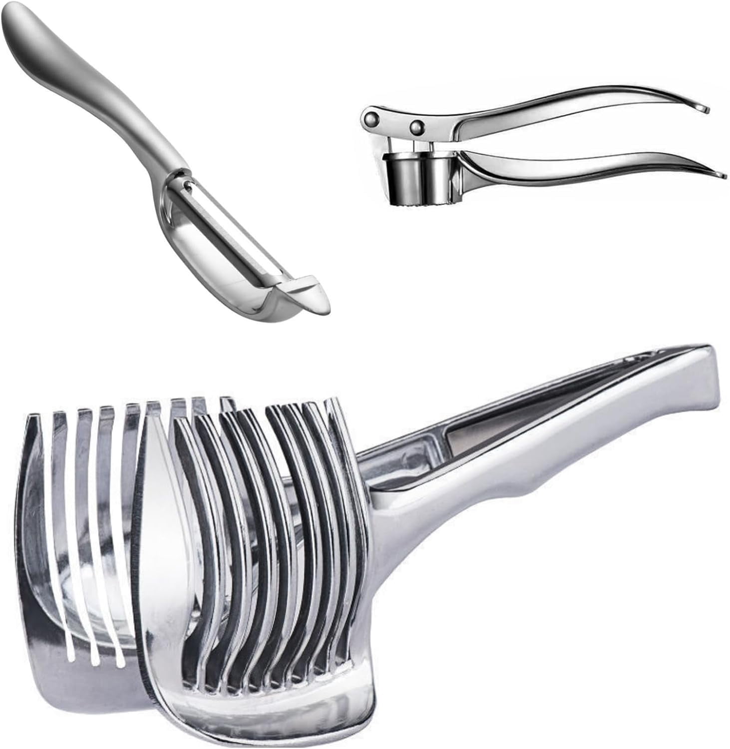 3-in-1 Garlic Press, Lemon Slicer & Peeler Set - Rustproof Stainless Steel, Easy-Clean with Soft, Ergonomic Handle