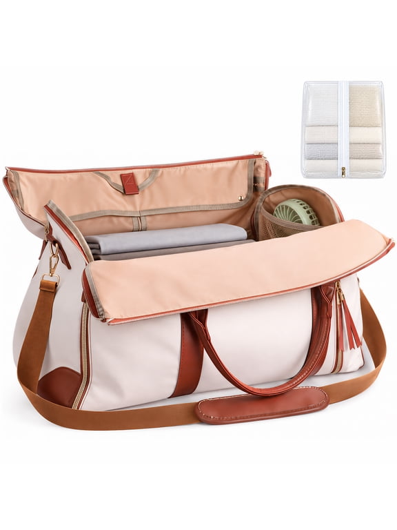 3 in 1 Garment Bag for Travel, Carry On Hanging Suit Bag with Shoe Pouch, Convertible Weekender Duffel Overnight Bag for Women, White