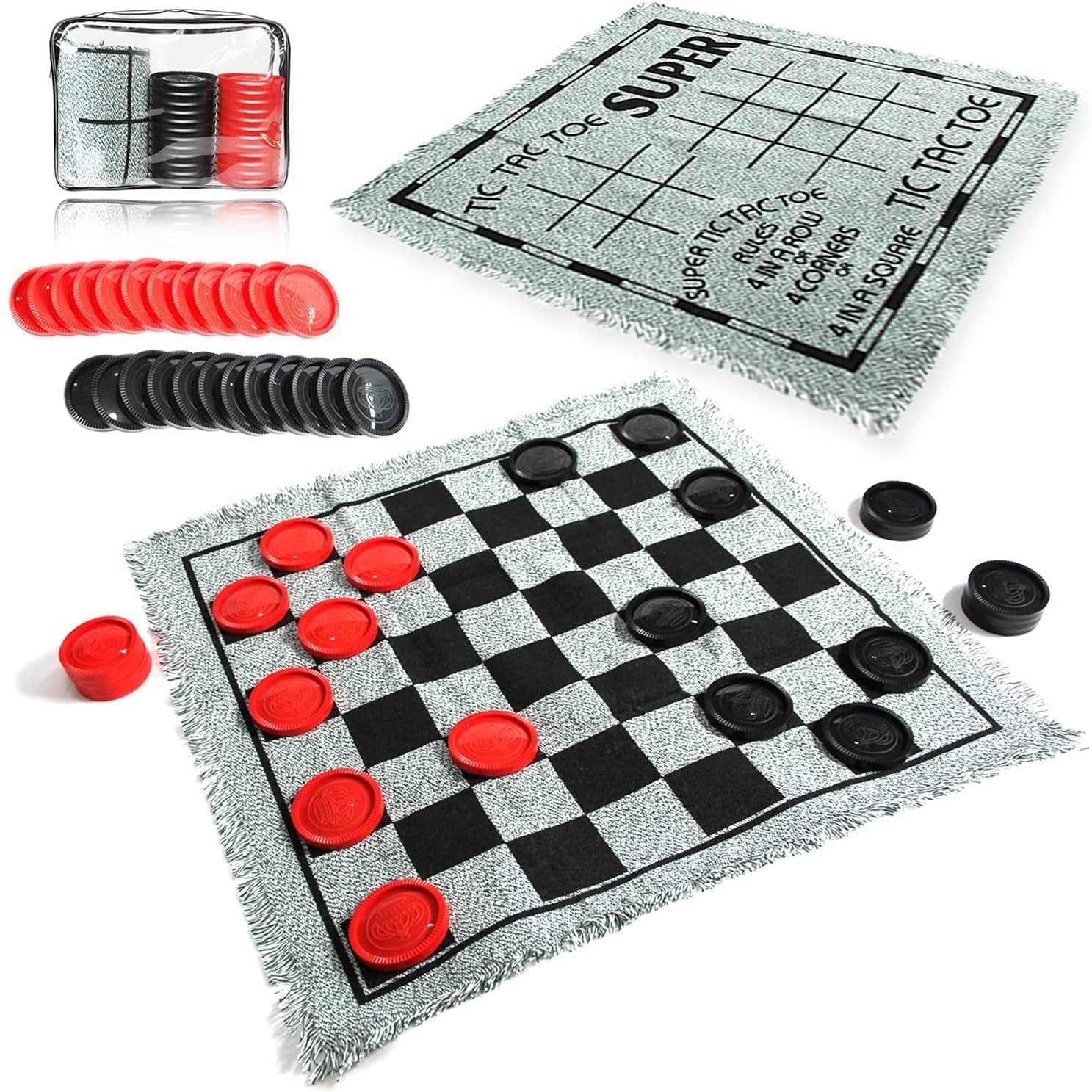 3 in 1 Giant Checkers \u0026 Mega Tic Tac Toe with Reversible Mat Jumbo Classic Board Games for Family Fun, Indoor/Outdoor Activity for Kids and Adults