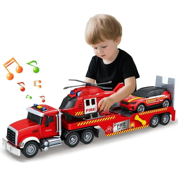 3-in-1 Giant Fire Truck Toy Set with Lights & Sound - with Rescue Vehicle & Helicopter - Friction Powered Semi Truck Toy, Gift for 3+ Year Old Kids Boys Girls