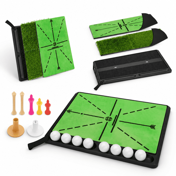 3-in-1 Golf Hitting Practice Mat with Curved Ball Tray, Fairway Rough Putting Surfaces