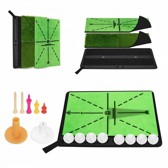 3-in-1 Golf Hitting Practice Mat with Curved Ball Tray, Non-Slip Base