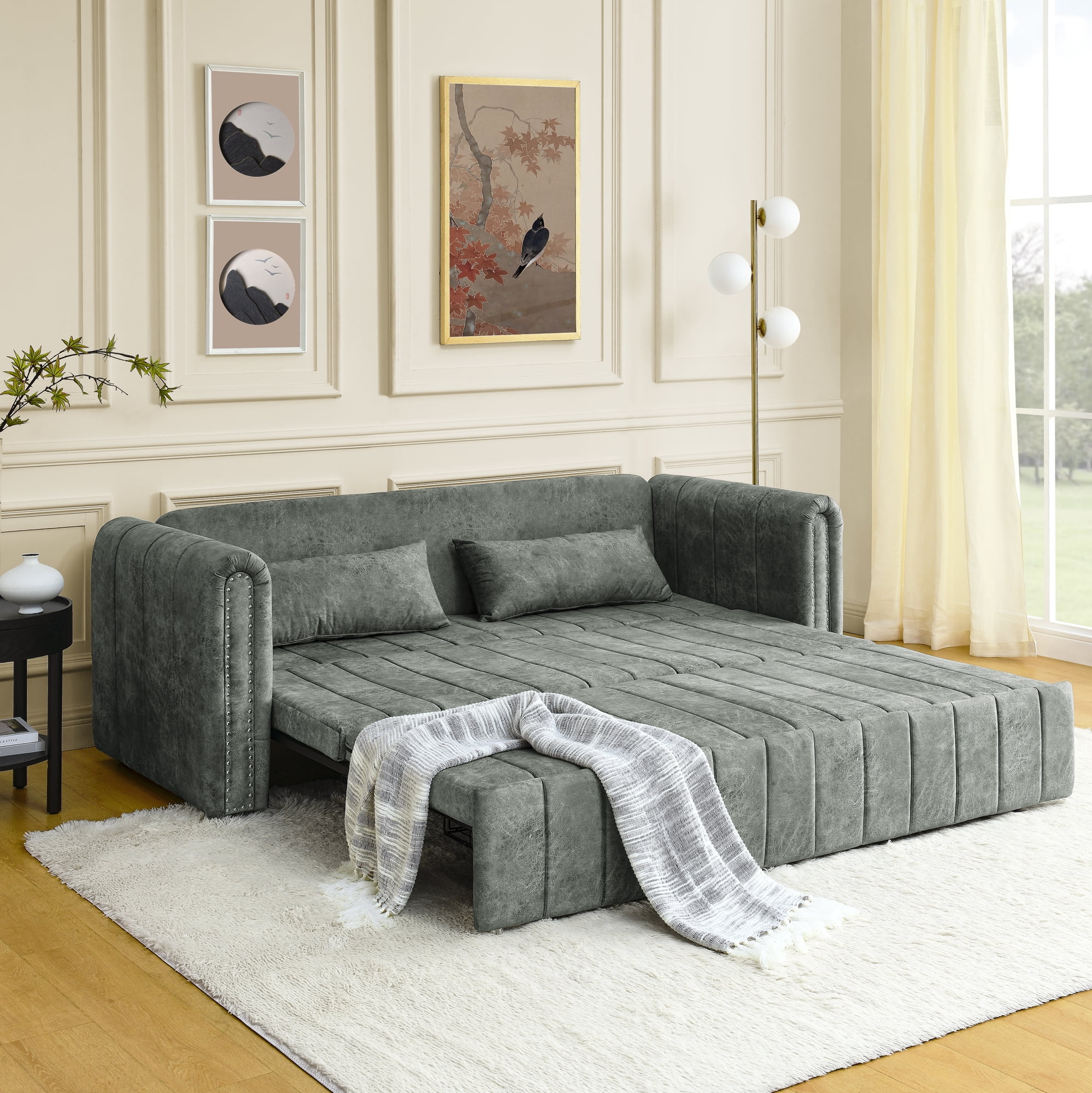 3in1 Grey Velvet Convertible Sleeper Sofa with Storage Drawer for