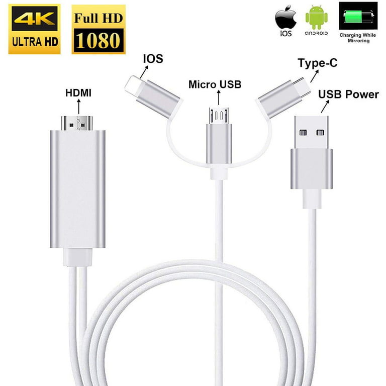 3 in 1 HDMI Cable Adapter Type-C/Phone/Micro USB to HDMI Mirroring Phone to  TV/Monitor/Projector HDTV 1080P Compatible with Phone Series
