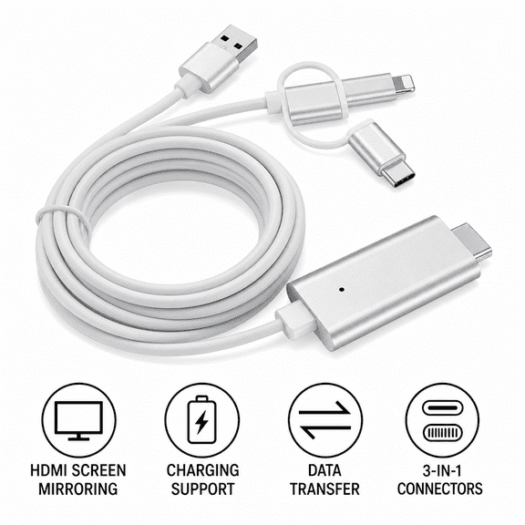 3-in-1 HDMI Adapter Lightning to USB/Type-C Cable, Phone to TV Screen Mirroring Converter with Charging & Data Transfer 180cm silver