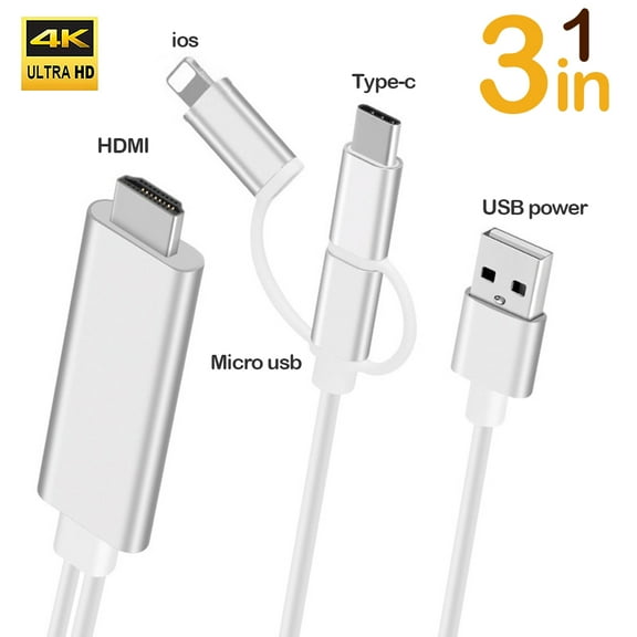3 in 1 HDMI Cable Adapter Type C/Micro USB/Phone MHL to HDMI Mirroring Phone to TV/Projector/Monitor HDTV 1080P Compatible with Android and iOS Phone