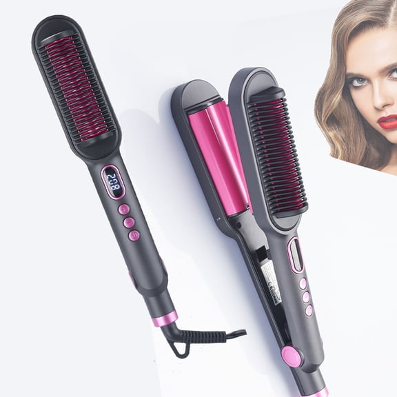 3-in-1 Hair Straightener Brush & Curling Iron with Ceramic Comb With 5 Temp Settings,30s Fast Heating Hair Comb with LED Display,Anti-Scald & Auto-Shut Off Anti-Frizz& Scalp Protection for Women