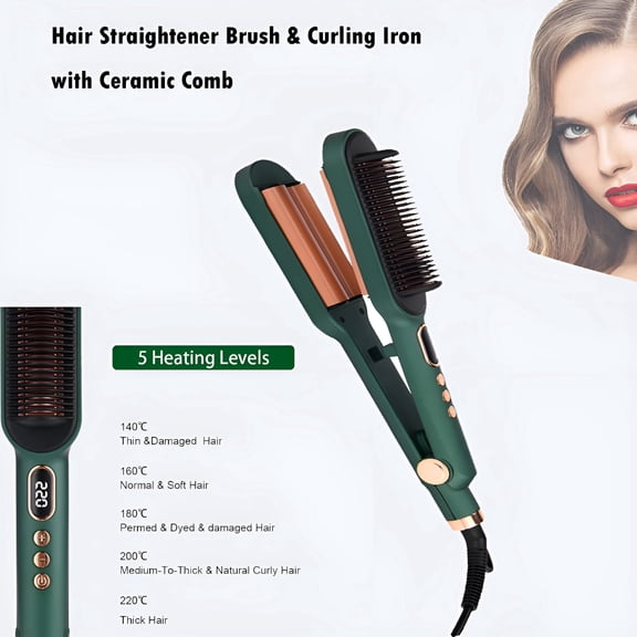 3-in-1 Hair Straightener Brush & Curling Iron with Ceramic Comb With 5 Temp Settings,30s Fast Heating Hair Comb with LED Display,Anti-Scald & Auto-Shut Off Anti-Frizz& Scalp Protection for Women