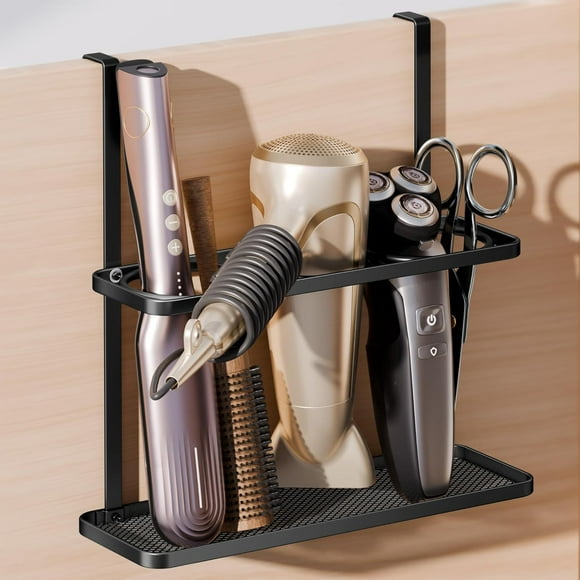 3-in-1 Hair Tool Organizer Holder for Dryer, Straightener & Curling Iron - Multi-Placement Design Mounts on Cabinet Door&Tabletop (Black Square Frame)