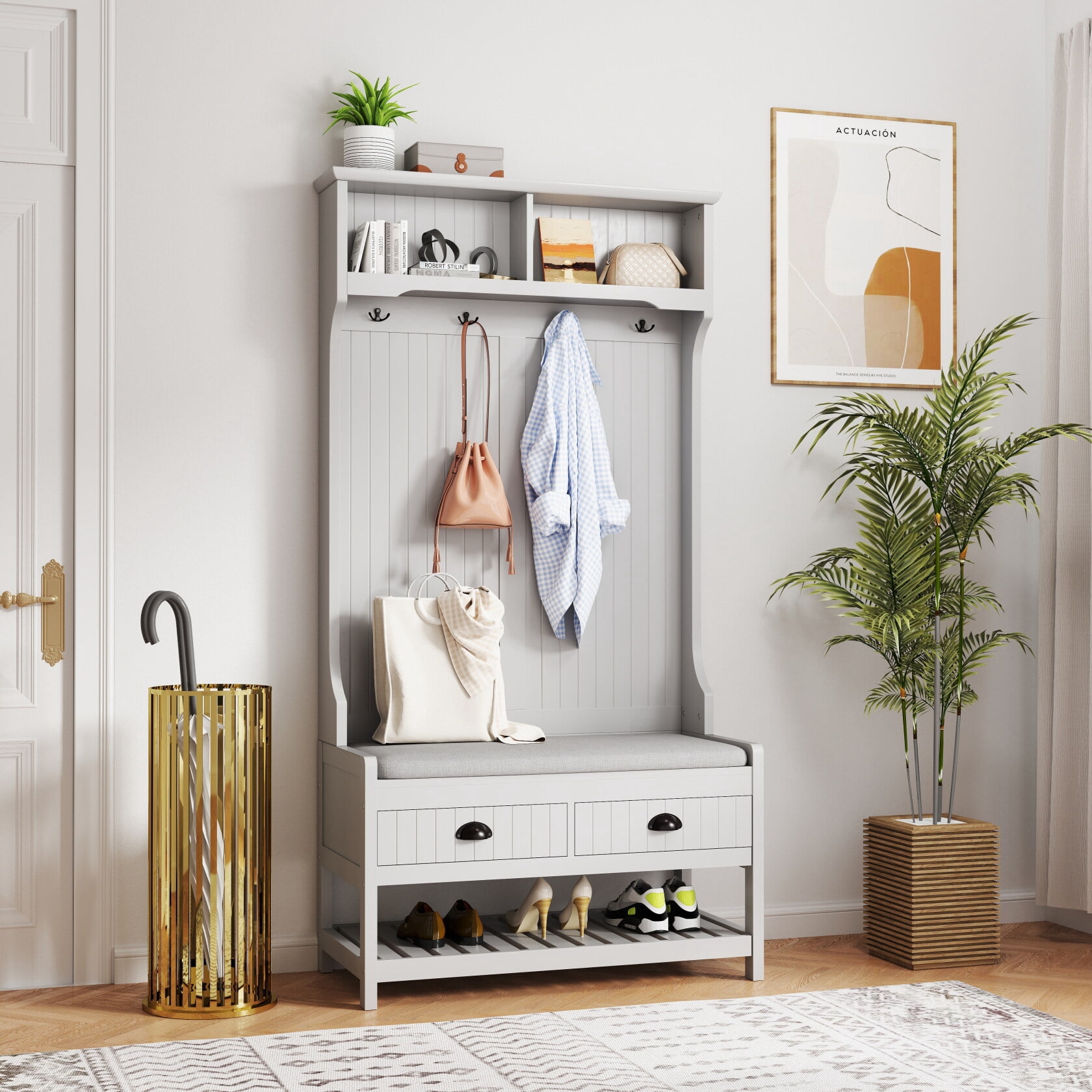 3-in-1 Hall Tree with 2 Drawers and 4 Coat Racks, Wooden Entryway Bench ...