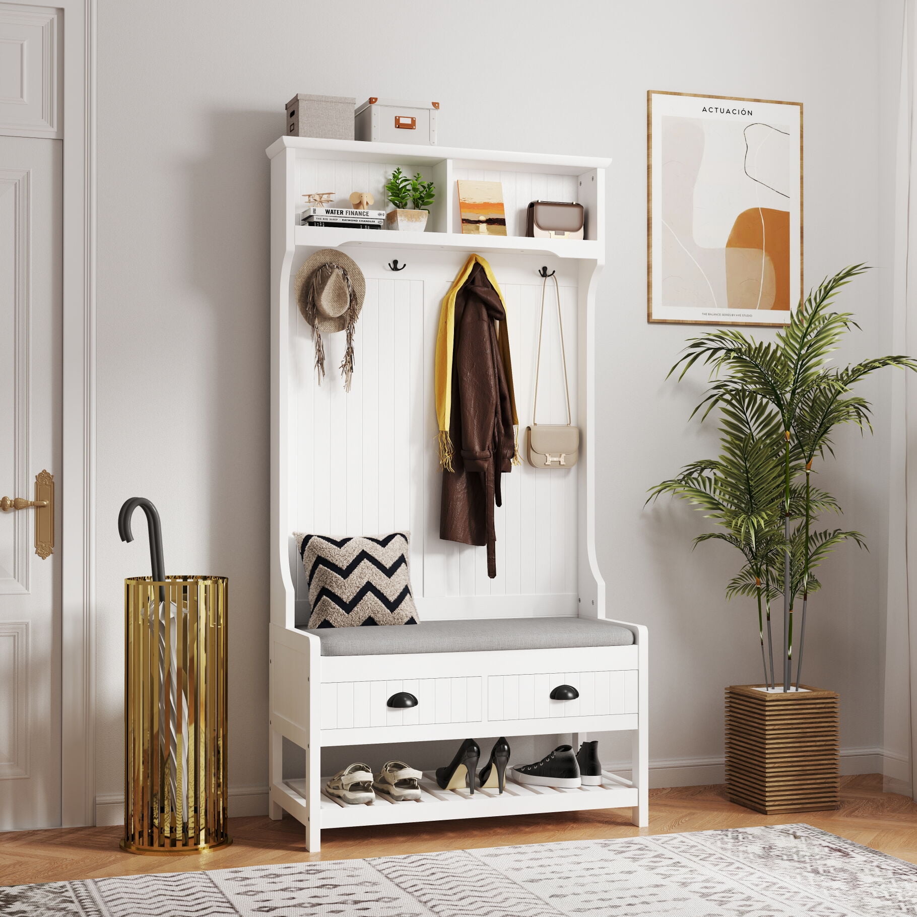 3-in-1 Hall Tree with 2 Drawers and 4 Coat Racks, Wooden Entryway Bench ...