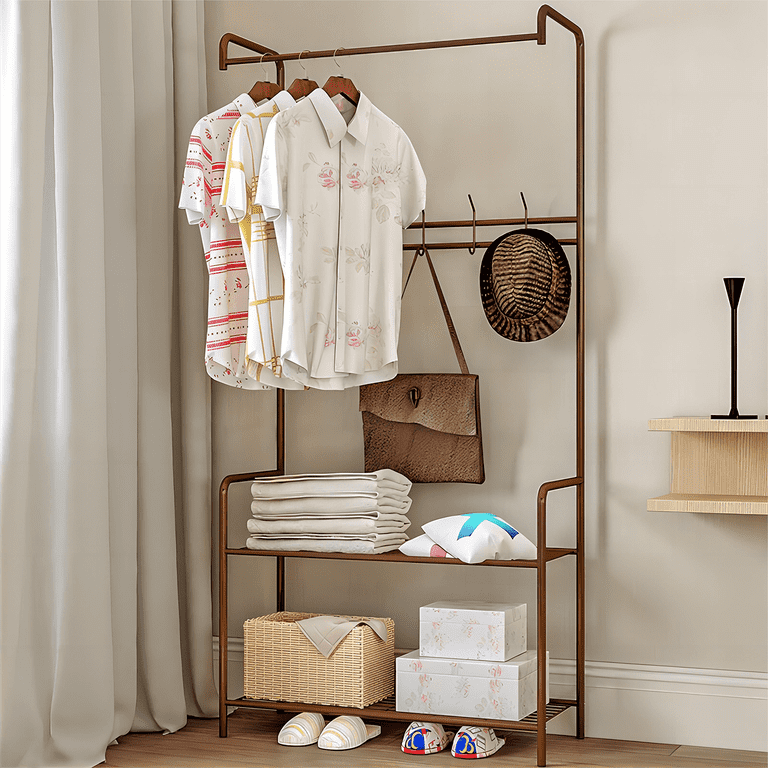 Coat Rack with 5 Hooks Hall Tree with Hanging Bar Entryway Storage Bench with Metal Frame 2 Layer Storage Shelf Freestanding Clothes Organizer Hat
