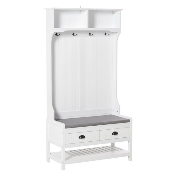 3-in-1 Hall Tree, Entryway with Coat Rack, Mudroom with Shoe Rack, 2 Storage Drawers, 4 and Padded Seat Cushions for Hallway, White