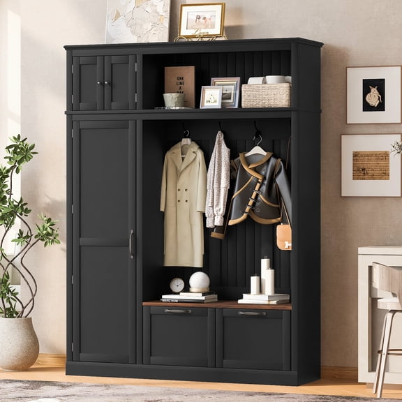 3-in-1 Hall Tree with Overhead Storage Cabinet, 3 Adjustable Side Shelves, 4 Heavy-Duty Hooks, 2 Spacious Drawers, Grooved Back Panel Design, Contrasting Seat Bench, Multifunctional Entryway Organiz