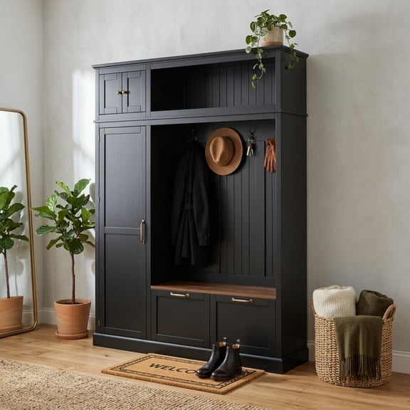 3-in-1 Hall Tree with Storage Cabinet and Adjustable Side Shelves, Entryway Coat Rack with 4 Hooks, Mudroom Bench with 2 Drawers for Mudroom, Hallway, Living Room