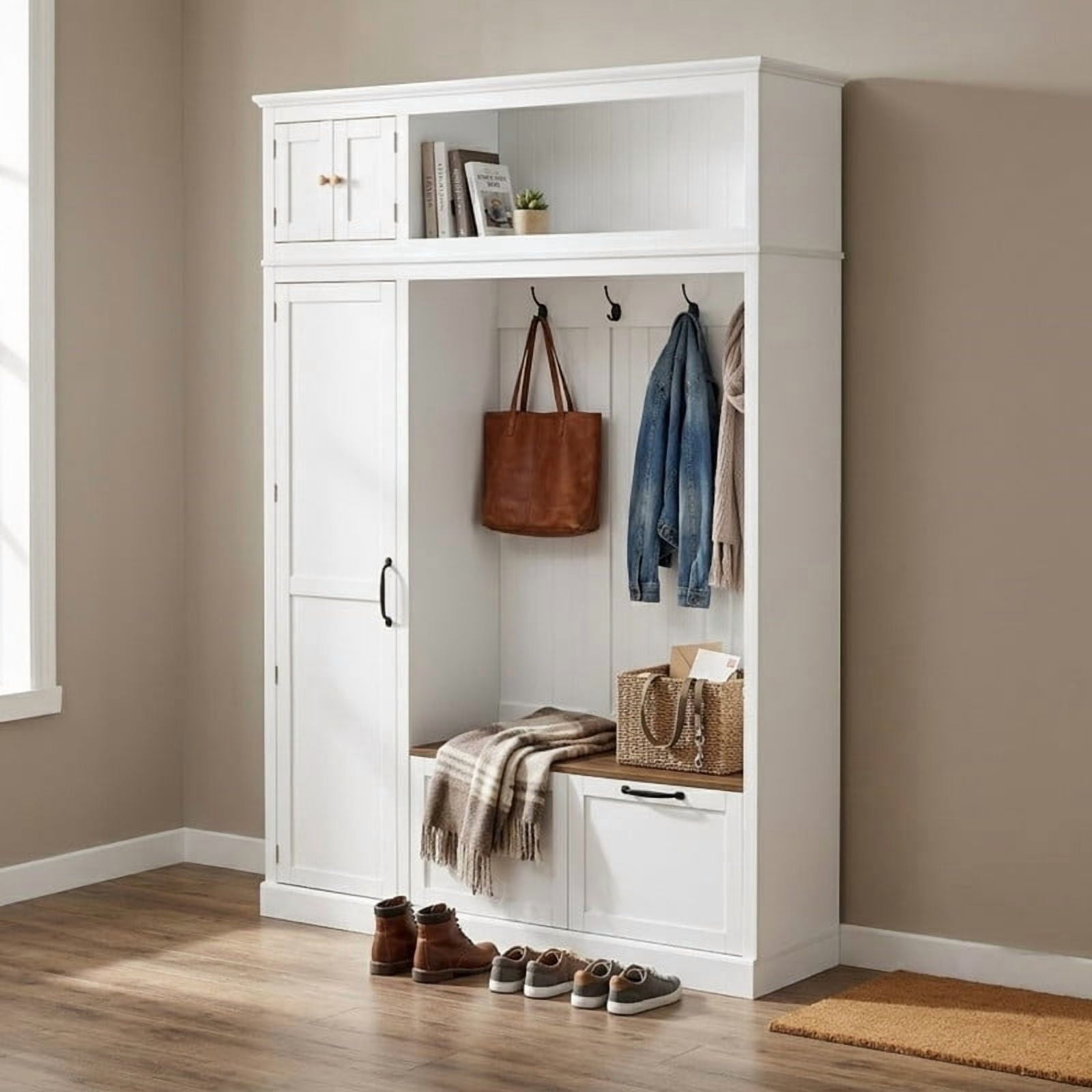 3-in-1 Hall Tree with Storage Cabinet and Adjustable Side Shelves, Entryway Coat Rack with 4 Hooks, Mudroom Bench with 2 Drawers for Mudroom, Hallway, Living Room