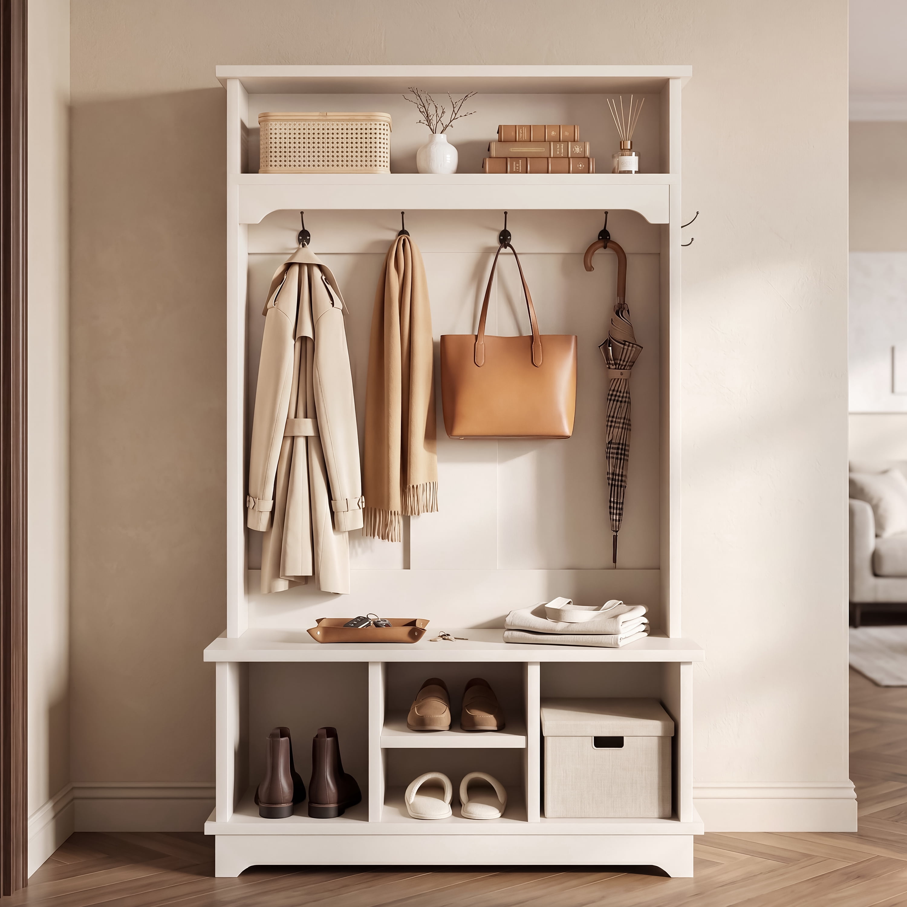 3-in-1 Hall Tree with Shoe Storage Bench, 5 Hooks,Heavy-Duty Standing Organizer for Mudroom, Bedroom, Living Room,White