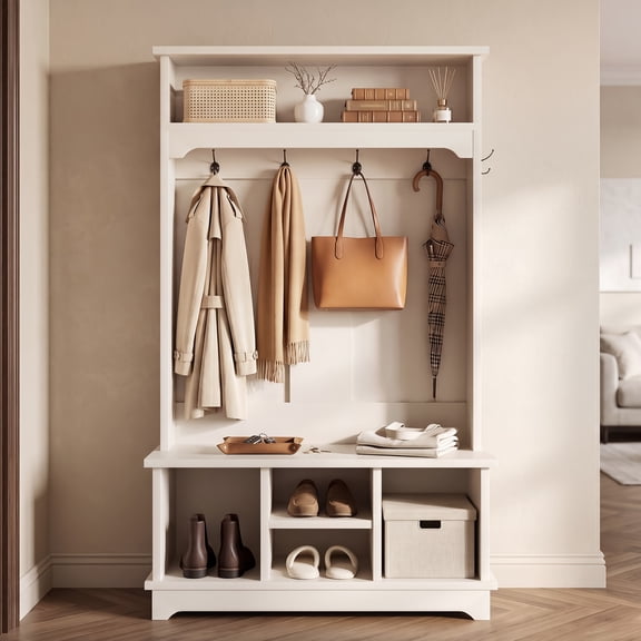 3-in-1 Hall Tree with Shoe Storage Bench, 5 Hooks,Heavy-Duty Standing Organizer for Mudroom, Bedroom, Living Room,White