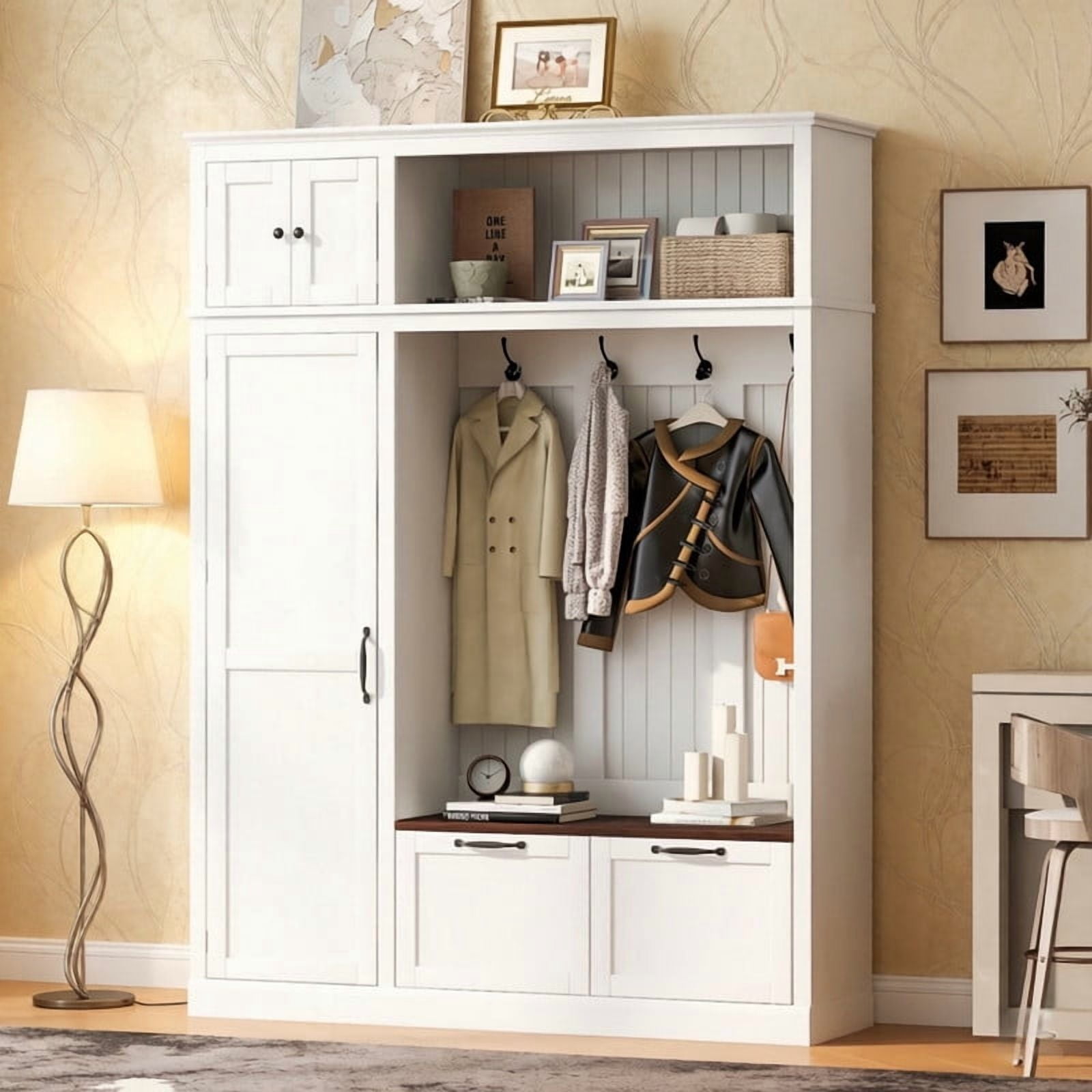 3-in-1 Hall Tree with Storage Cabinet & Adjustable Shelves, Heavy-Duty Storage Bench Entryway Organizer with Hooks & Drawers