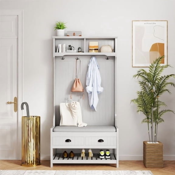3-in-1 Hallway Hall Tree with 2 Storage Drawer and 4 Coat Rack, Wooden Entryway Shoe Rack Bench with Padded Seat Cushion, Mudroom Bench with Top Storage Shelf (Grey)