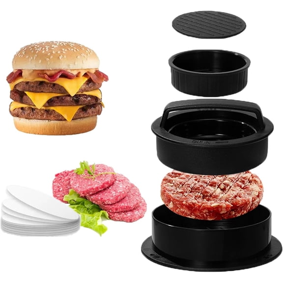 3-in-1 Hamburger Patty Press Maker - Non-Stick Burger Tool with 100 Wax Papers, Easy Mold for Stuffed Cheeseburgers, Beef Sliders, and BBQ - Detachable &