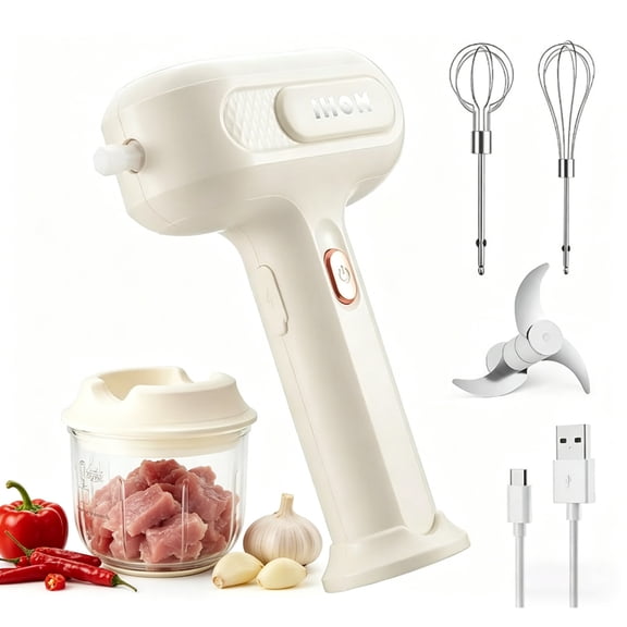 3-in-1 Hand Mixer, hand mixer electric handheld with Garlic Chopper to Cutting Onions, Peppers, 3-Speed Self-Control Electric Mixer with Type-C Charging Cable for Whipping or Mixing Eggs, Cream