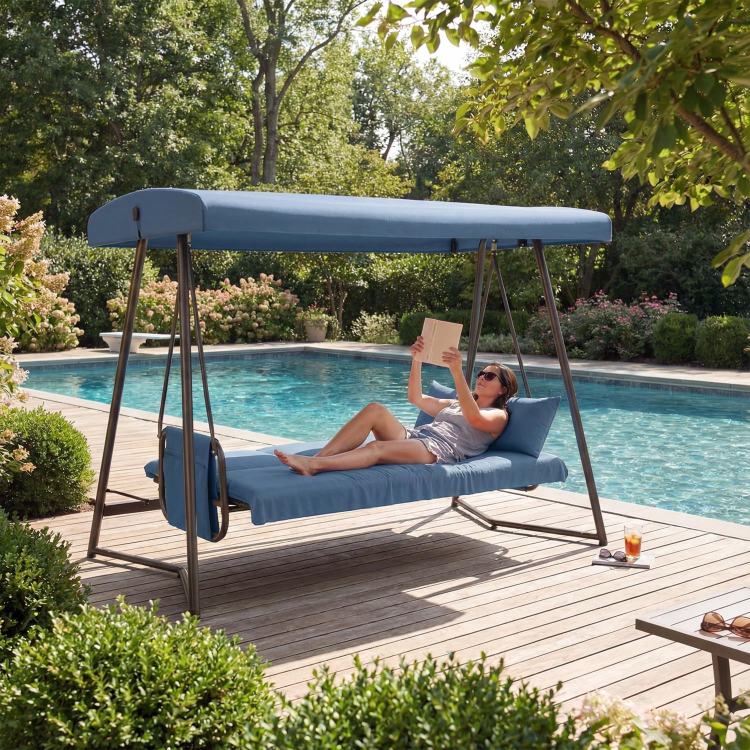 3-in-1 Hanging Patio Swing Bed with Adjustable Canopy, 3-Seater Supports 600 lbs with 45° Tilt Canopy, Outdoor Waterproof & Rust-Resistant for Garden Backyard, Blue