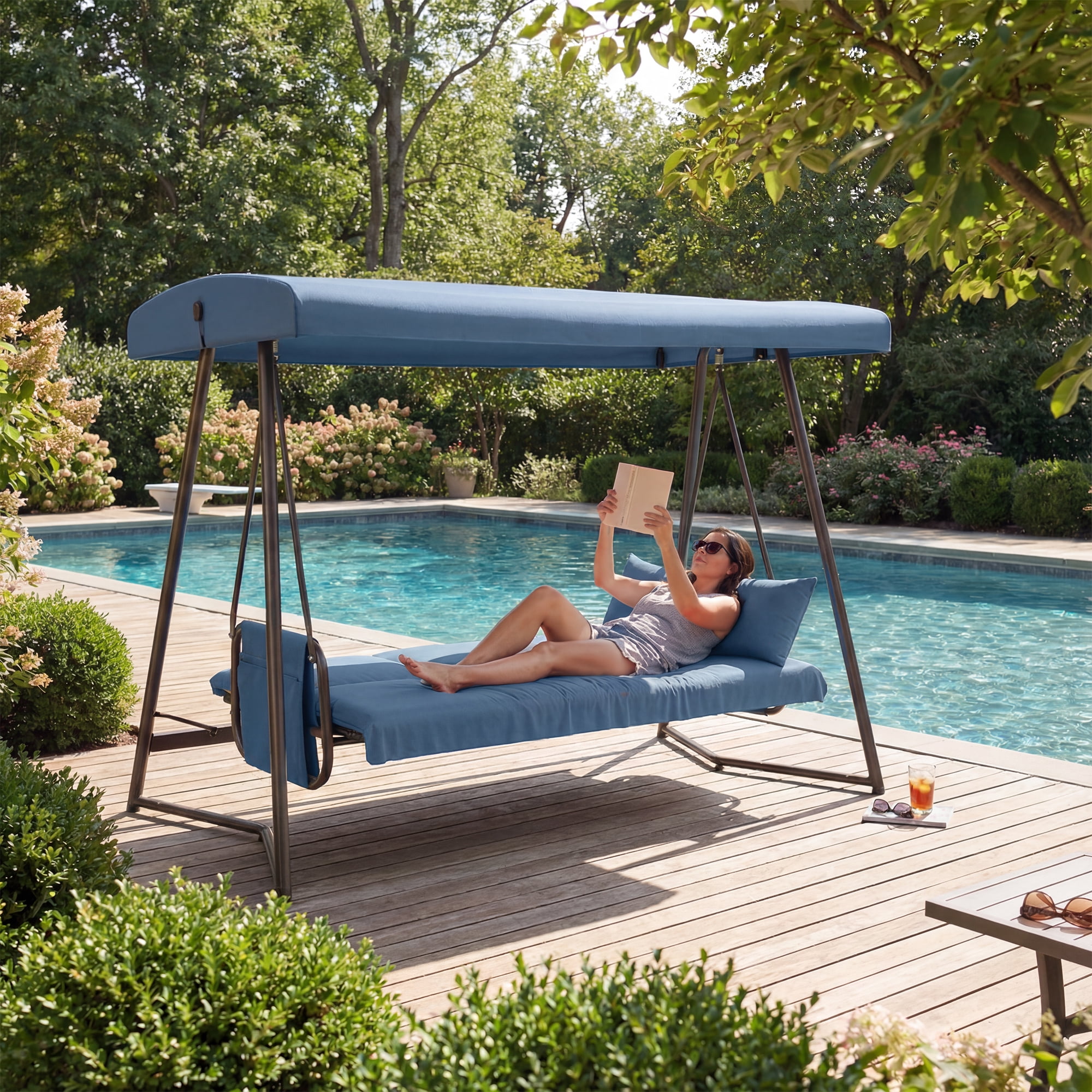 3 in 1 Hanging Patio Swing Bed with Adjustable Canopy, 3-Seater Supports 600 lbs, 45° Tilt Canopy, Outdoor Waterproof & Rust-Resistant, Blue