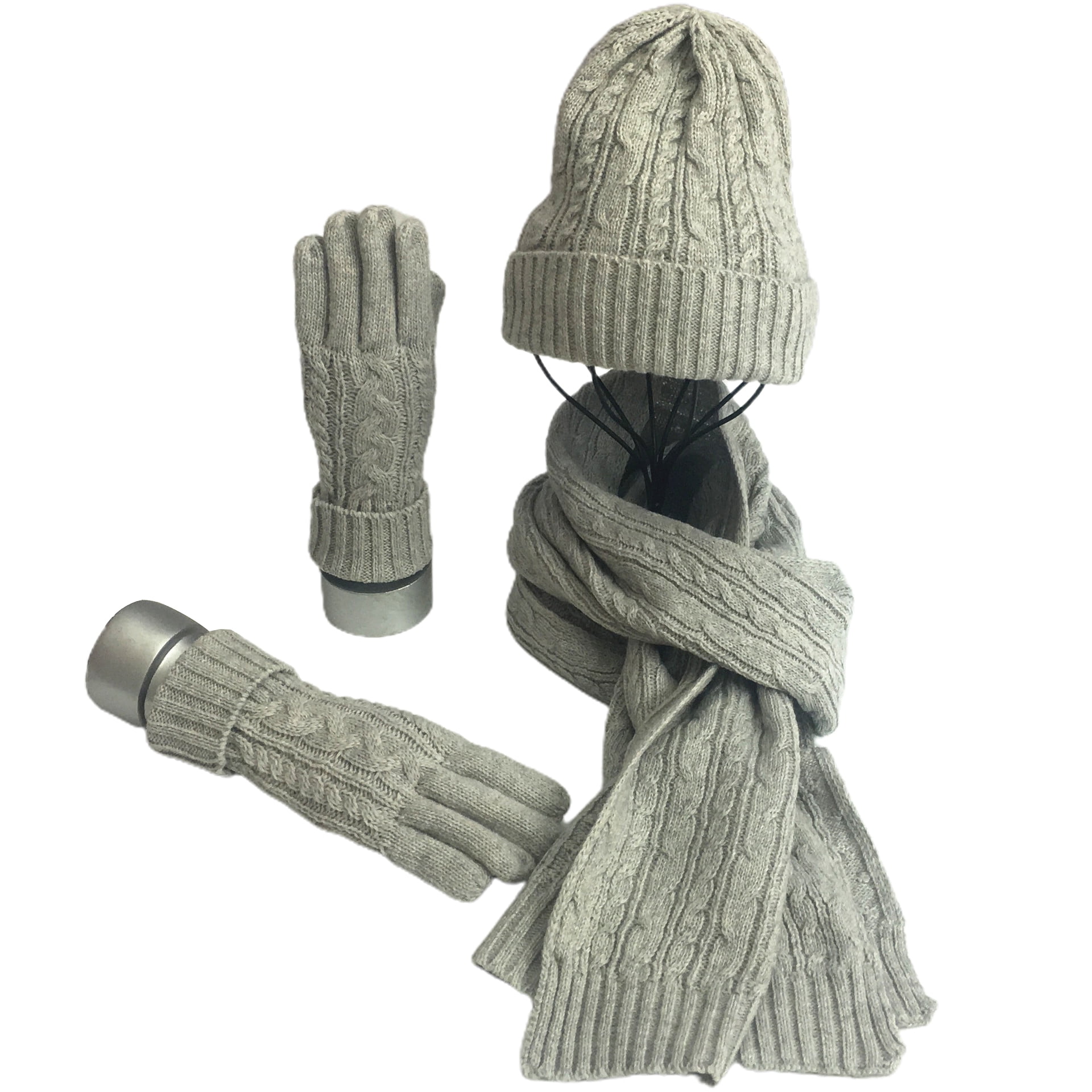 3 in 1 Hat and Glove Set, Braid Pattern Knitting Scarf With a Bobble Cap And Gloves, Women (3PCS