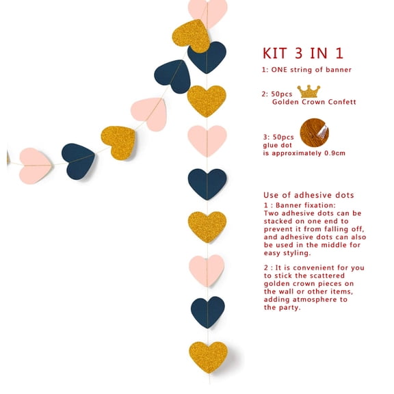 3-in-1 Heart Banner & Gold Crown Confetti Kit - Reusable Baby Shower, Wedding Party Decor with Sticky Dots