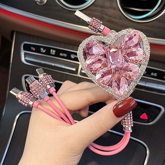 3-in-1 Heart Shaped Car Charger Cable with Shiny Rhinestone Design Fast Charging Expandable USB Cord