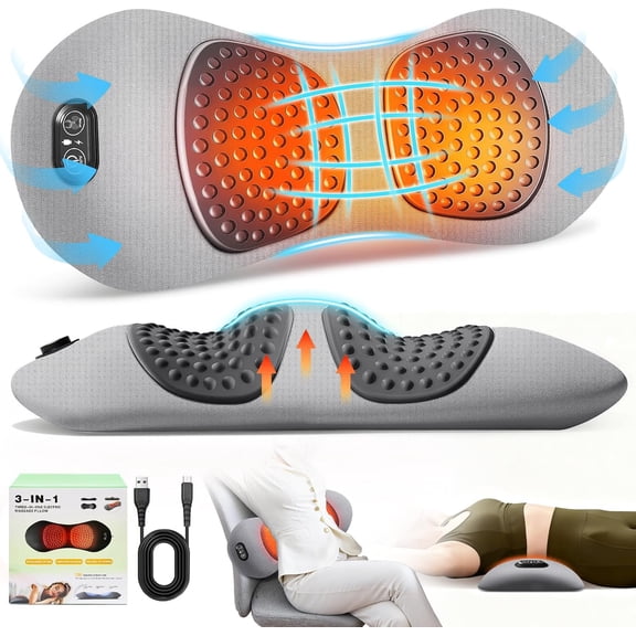 3-in-1 Heated Lumbar Support Pillow with Vibration, Massage & Traction, Back Support Cushion for Chair and Bed, Pain Relief for Lower Back and Spine - Soft Gray