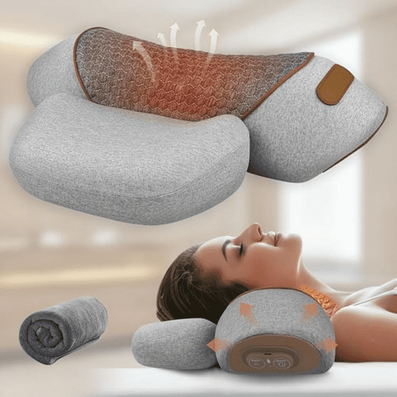 3-in-1 Heated Neck Massager Pillow with Memory Foam - Deep Tissue Relief, Cervical Support & Traction for Neck Hump Correction, Portable Pain Relief for Women and Men (Grey)