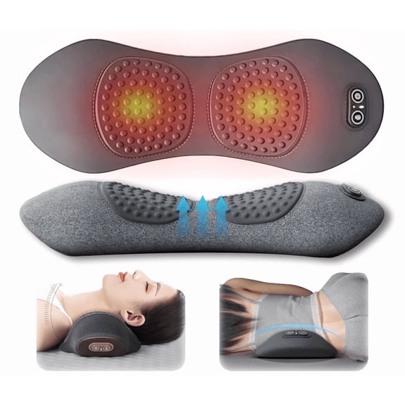 3-in-1 Heating Lumbar Massage Pillow, Upgraded Vibrating Spinal Decompression Relaxer, for Neck Shoulders and Back-grey