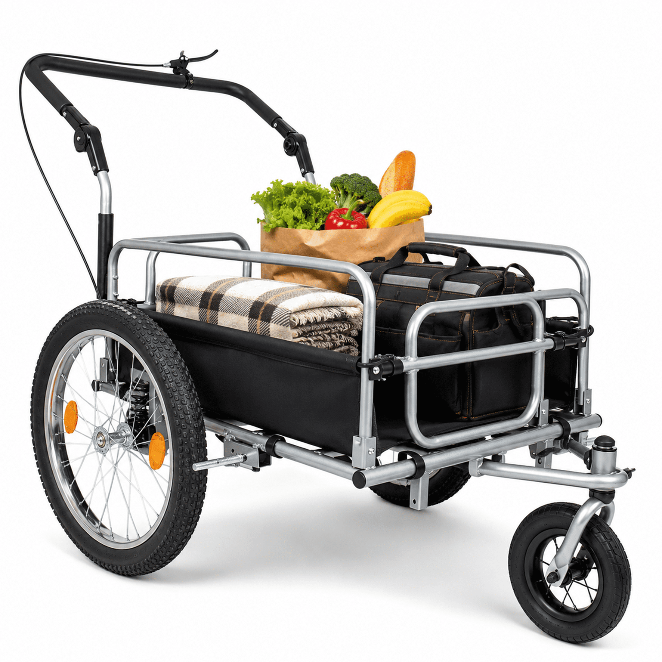 3-in-1 Heavy-Duty Bike Cargo Trailer with 20" Fat Tires, 150lbs Capacity Steel Frame Utility Wagon, Convertible Stroller and Pull Cart with Suspension and Safety Handbrake for Camping and Groceries