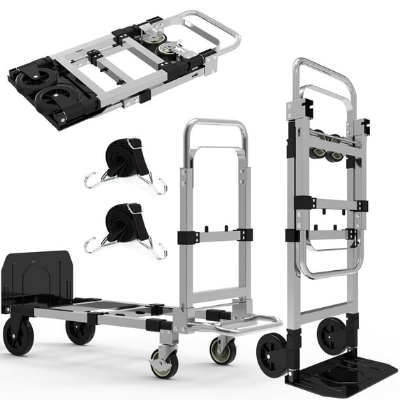 3-in-1 Heavy Duty Folding Dolly, Convertible Hand Truck Portable Steel with Telescopic Handle & Dolly Cart with Rubber Wheels, 580LB Capacity,Silver
