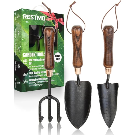 3-in-1 Heavy Duty Gardening Tools Kit, Premium Carbon Steel Garden Hand Tools with Ergonomic Wooden Handle Includes Trowel, Transplanter, and Cultivator, Ideal Gardening Gifts for Gardener