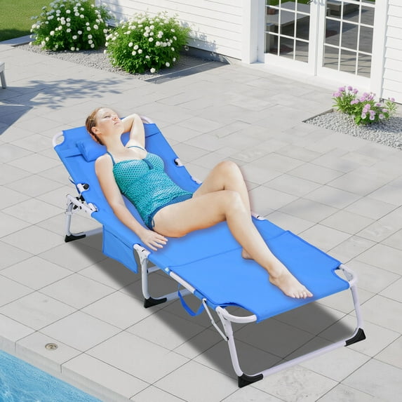 3-in-1 Heavy Duty Tanning Chair in with Adjustable 5-Position Design Portable Outdoor Lounger for Beach Use,White+Blue