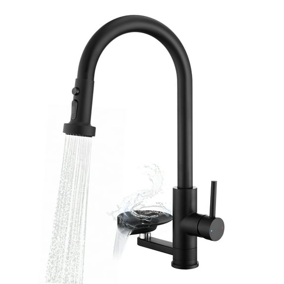 3-in-1 High-Arc Kitchen Faucet with Press-Type Glass Rinser, Pull-out Sprayer, Matte Black Finish, Stainless Steel & ABS Construction, for Modern Sink