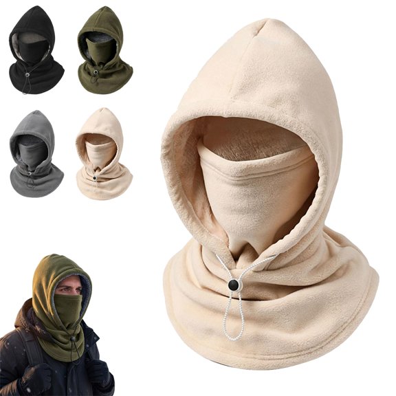 3-in-1 Hood Face Mask Neck Warmer, Thick Fleece Winter Hat, Windproof Gear for Cycling Ski